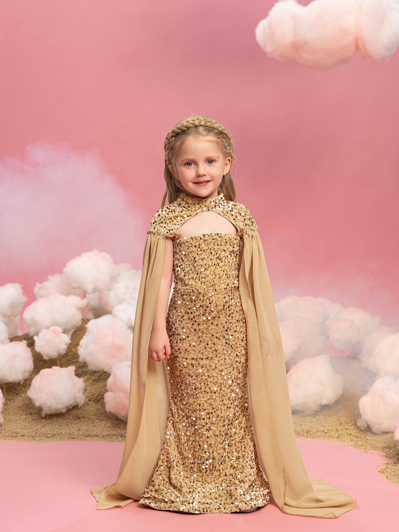 Young Girls' Mock Neck Cape Sleeves Sequin Party Dress