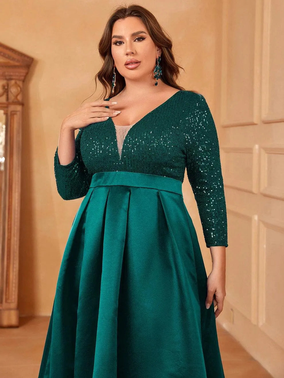 Plus Deep V Neck 3/4 Sleeve Slit A Line Prom Dress - Elonnashop