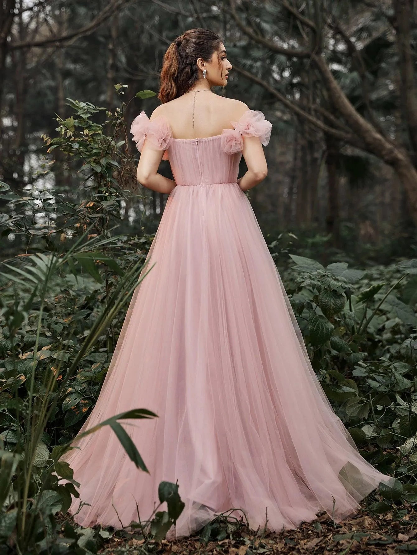 Elegant Off Shoulder Ruched Bust Split Thigh Tulle Evening Dress - Elonnashop