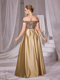 Off Shoulder Contrast Sequin Satin Prom Dress - Elonnashop