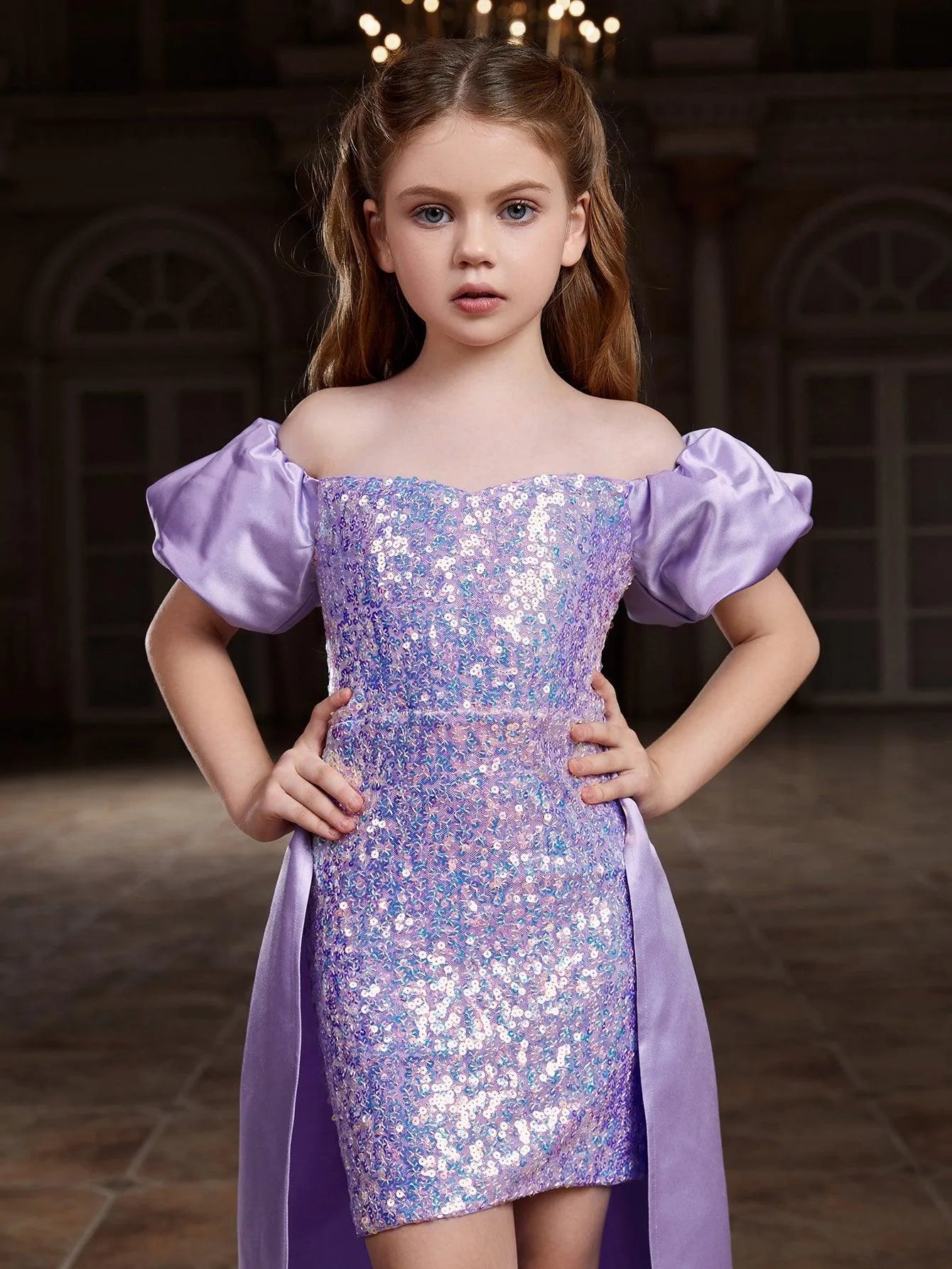 Tween Girls' Off Shoulder Puff Sleeves Satin Overlay Sequin Party Dress - Elonnashop