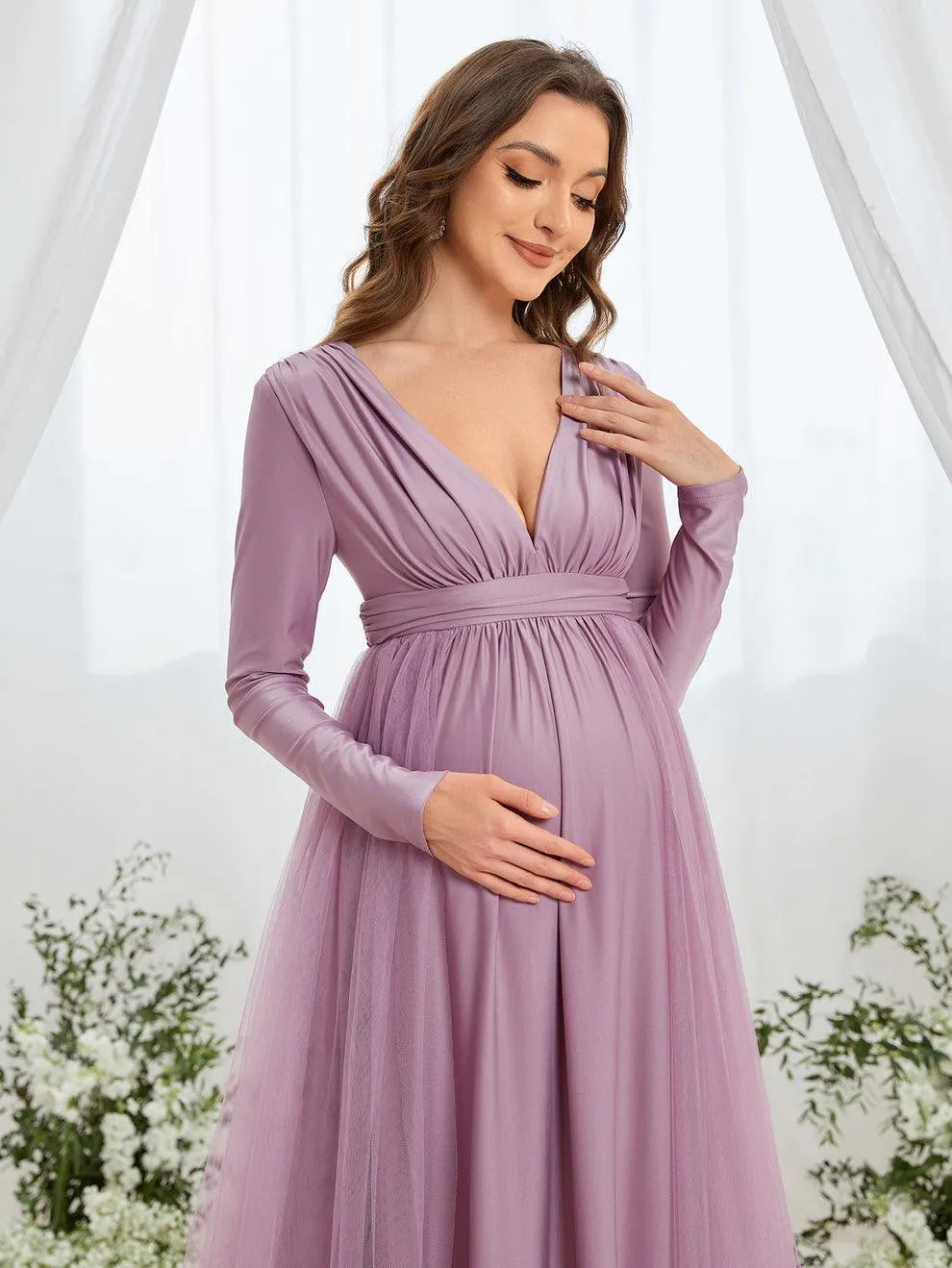 Maternity Plunging Neck Long Sleeve Contrast Mesh Formal Dress - Elonnashop