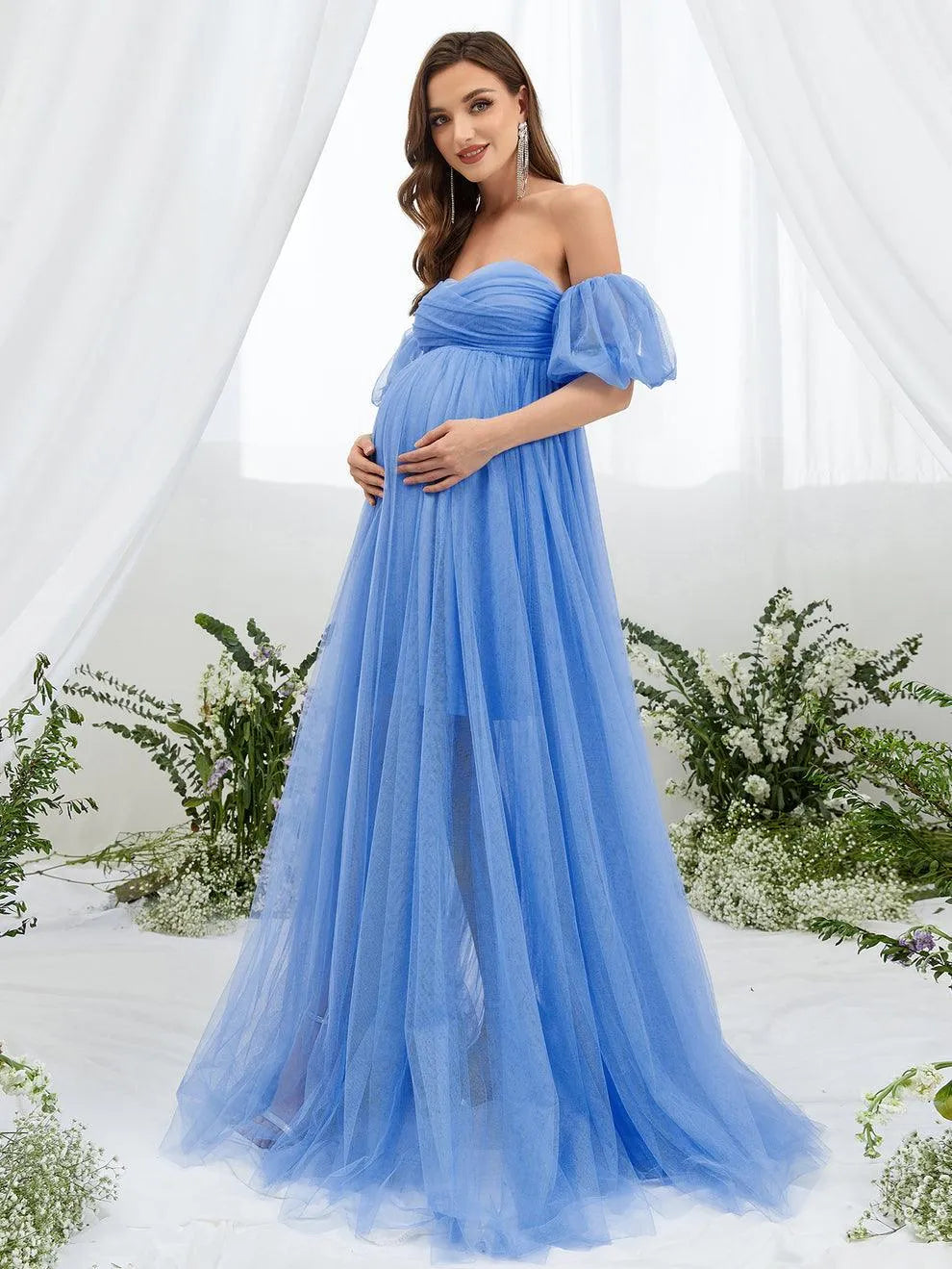 Maternity Off Shoulder Puff Sleeve Mesh Overlay Dress - Elonnashop