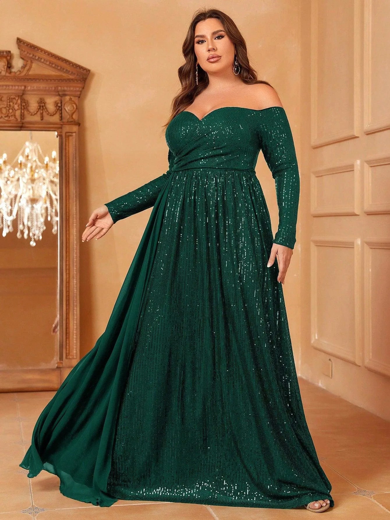 Plus Off Shoulder Draped Side Sequin Formal Dresses - Elonnashop