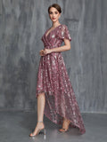 Womens' Surplice Neck High Low Hem Sequin Party Dress - Elonnashop