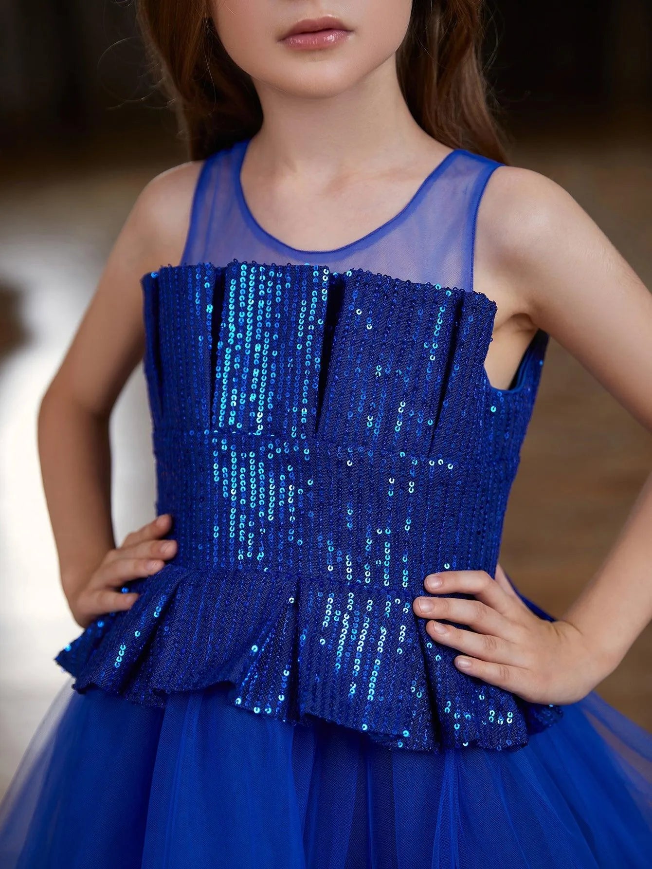 Tween Girls' Contrast Pleated Sequin Mesh Hem Party Dress - Elonnashop