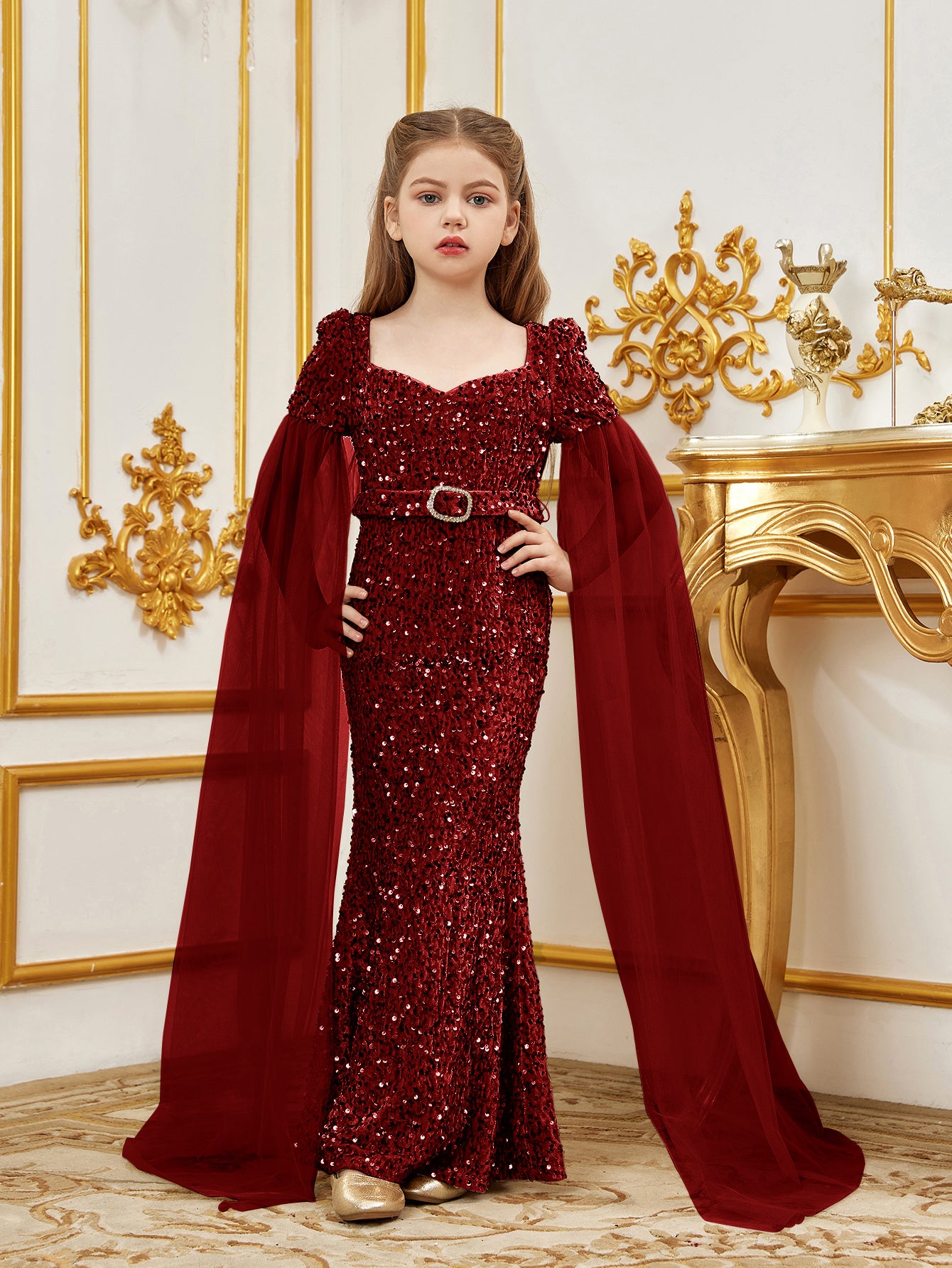 Tween Girls' SSweetheart Neck Cloak Sleeves Sequin Belted Party Dress