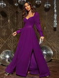 Sweetheart Neckline Backless Long Sleeve Chiffon A line Dress - Elonnashop