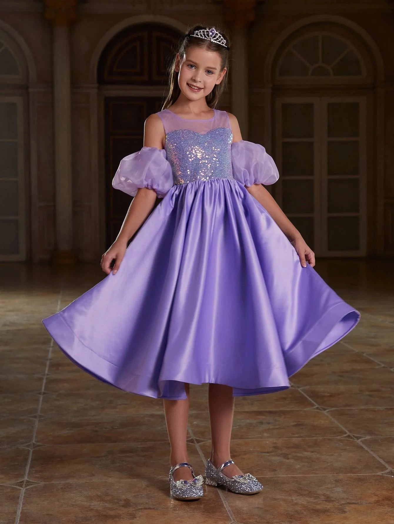 Tween Girls' Puff Sleeve Sequin Contrast Satin Dress - Elonnashop