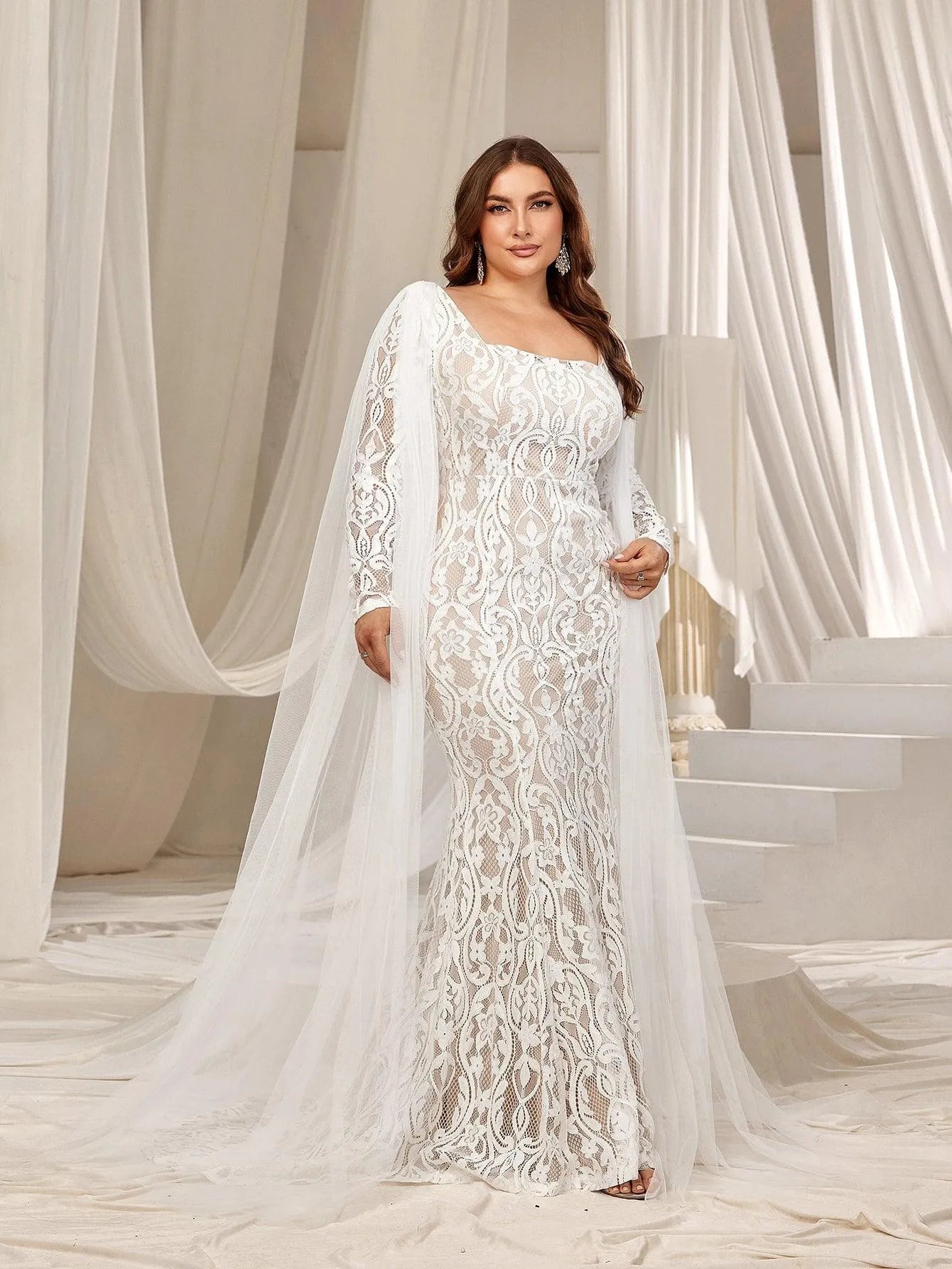 Plus Square Neck Mermaid Hem Lace Wedding Dress - Elonnashop