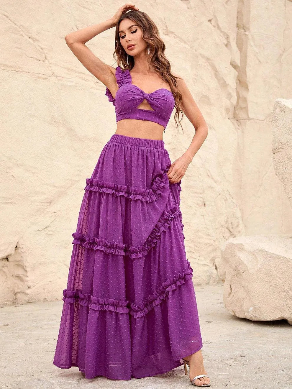 Swiss Dot One Shoulder Crop Top & Chiffon Skirt - Elonnashop