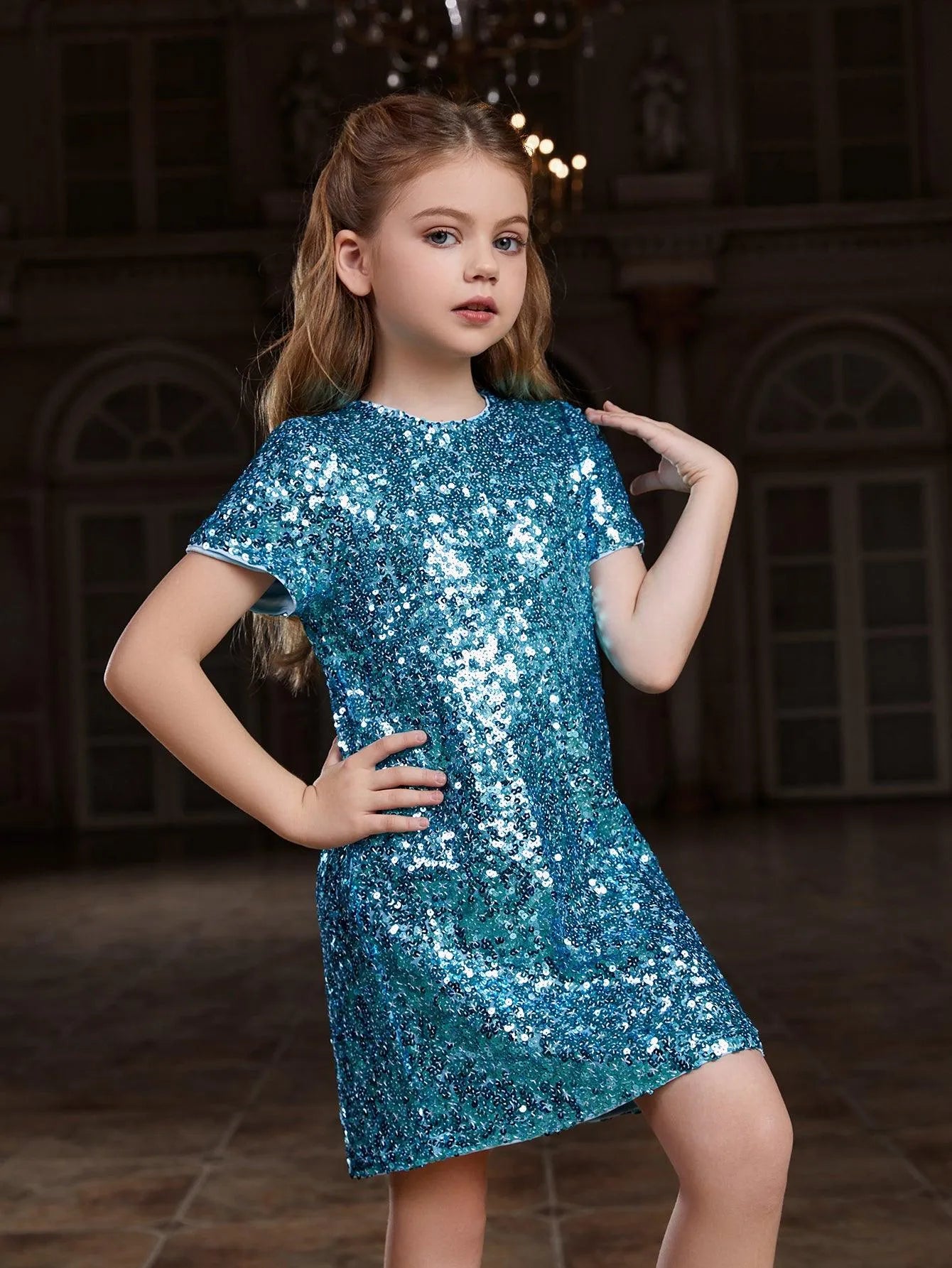 Tween Girls' Round Neck Short Sleeves Sequin Dress - Elonnashop