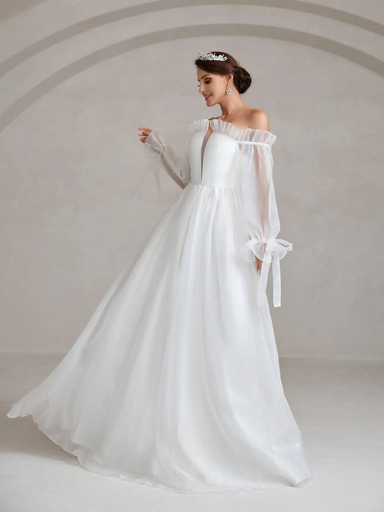 Ruffle Trim Off Shoulder Flounce Sleeve A Line Wedding Dress - Elonnashop