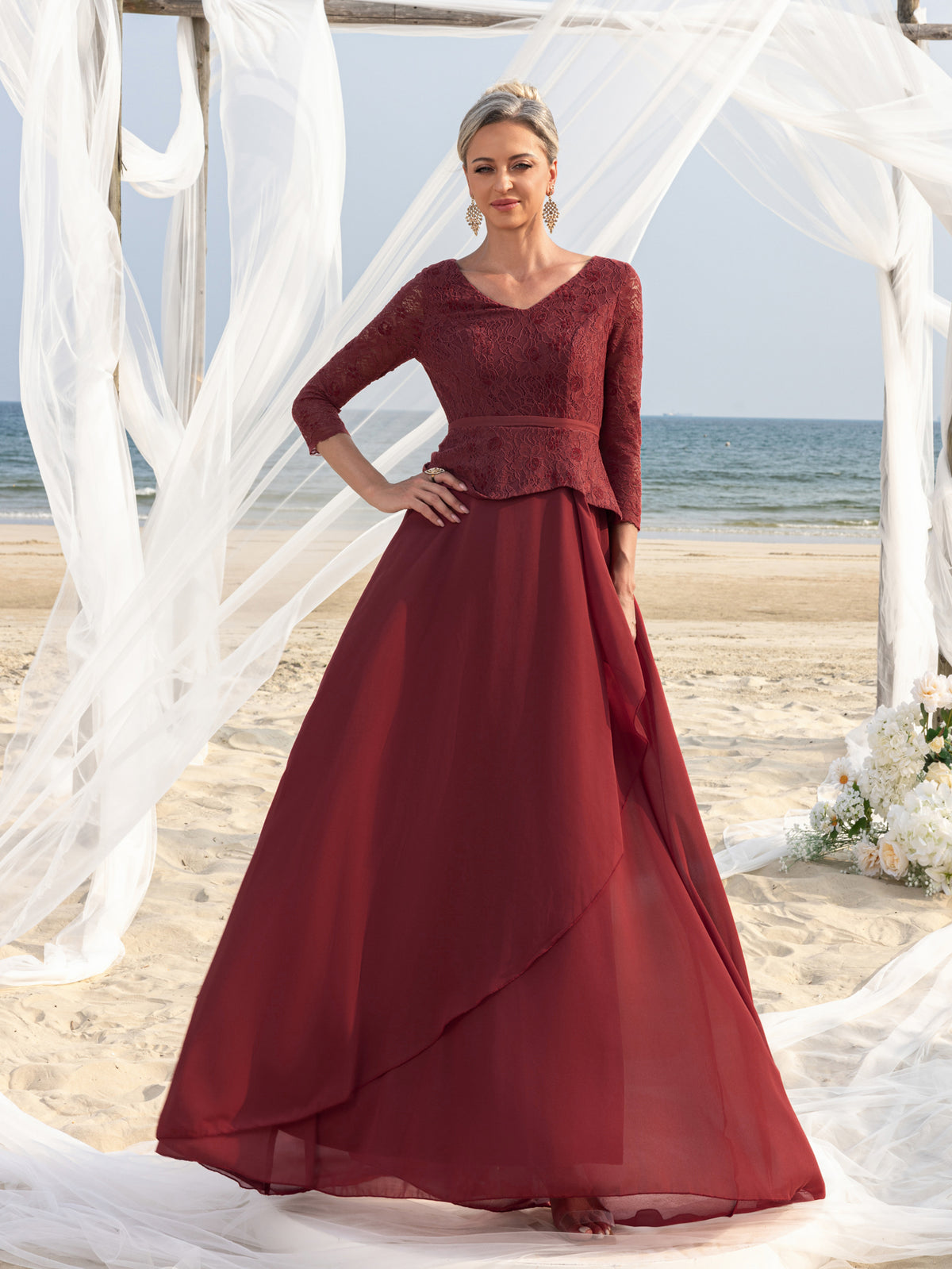 Womens' Elegant Mother-of-the-Bride Gown: Lace V-Neck with Chiffon Skirt & Three-Quarter Sleeves – Elegant Formal Dress for Beach Weddings