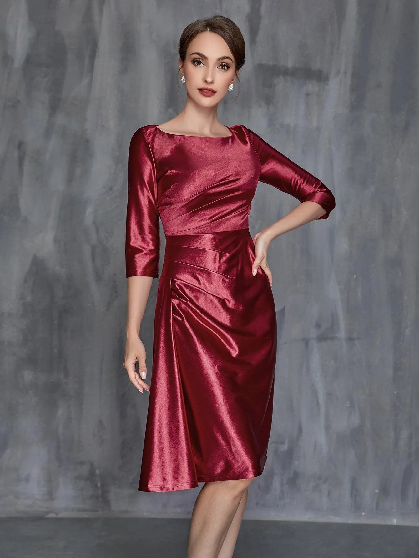 Womens' Solid Ruched Wrap Front Satin Dress - Elonnashop