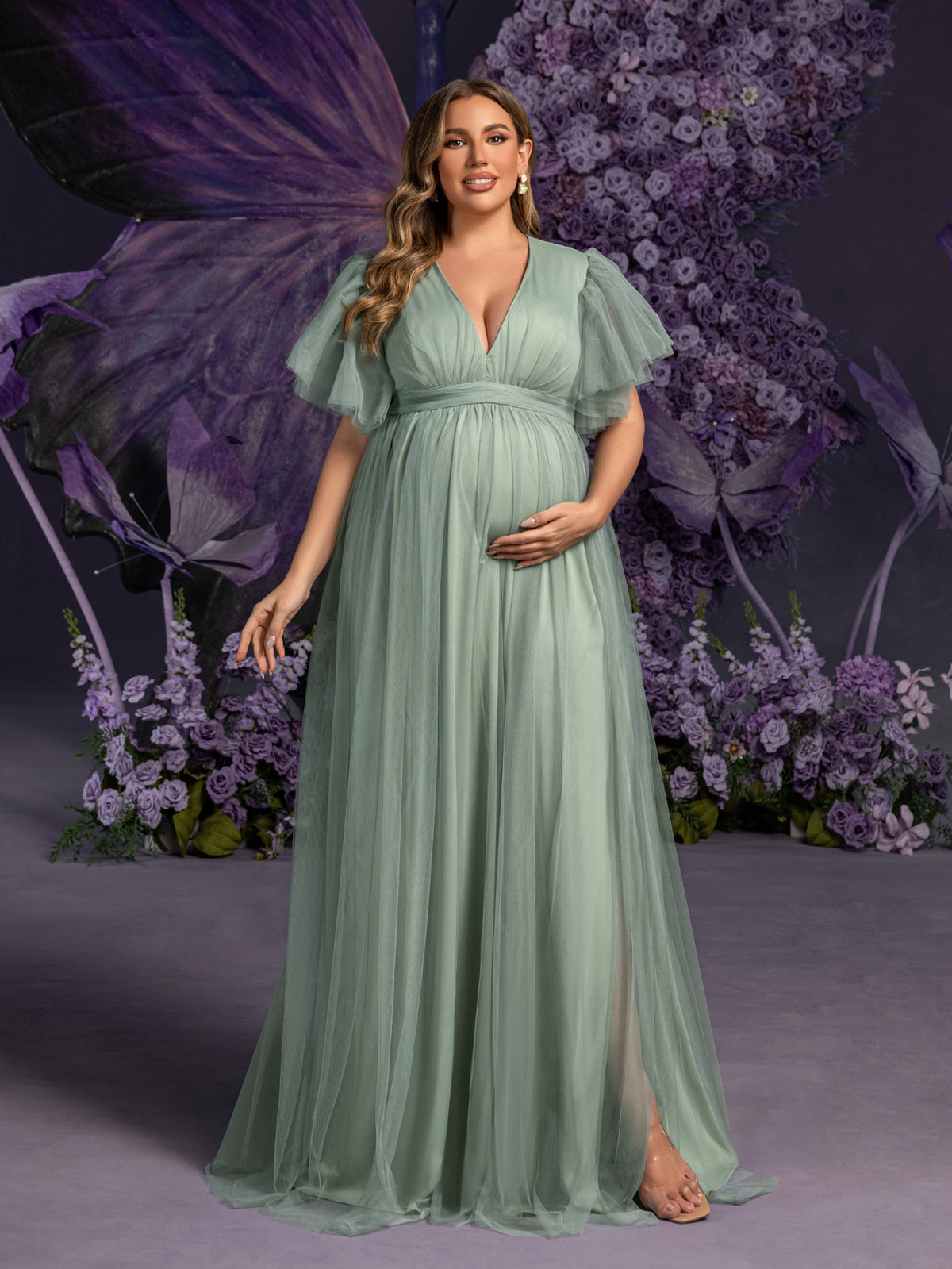 Plus Maternity V Neck Layered Ruffle Sleeves Split Prom Dress