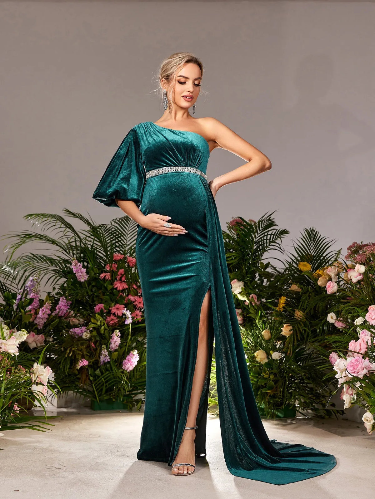 Maternity One Shoulder Split Mermaid Hem Velvet Evening Dress