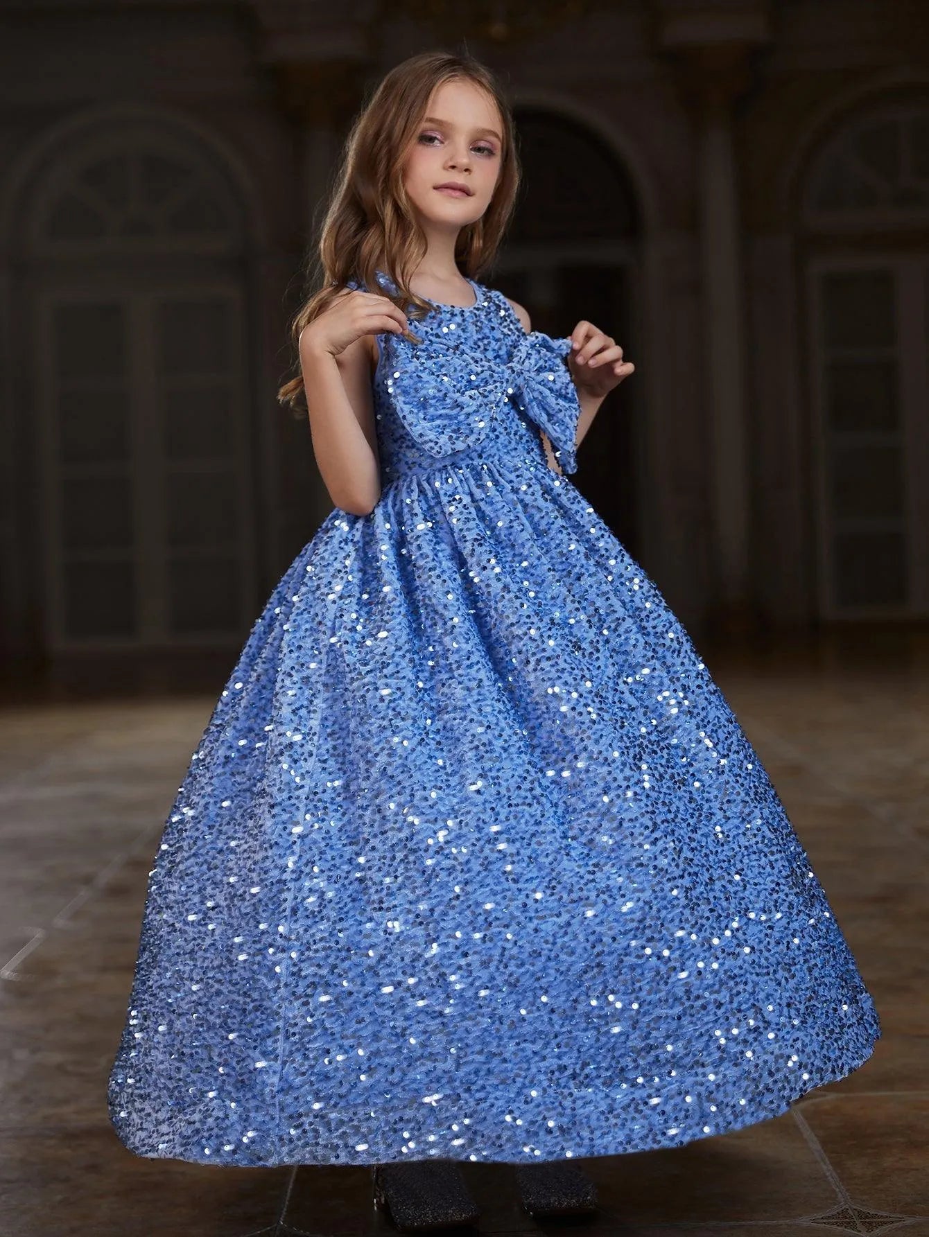 Tween Girls' Cute Sleeveless Bow Front Sequin Party Dress - Elonnashop