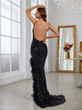 Sparkling Sequin Gown with Plush Hemline - Elonnashop