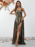 Elegant Spaghetti Strap Metallic A Line Prom Dress - Elonnashop