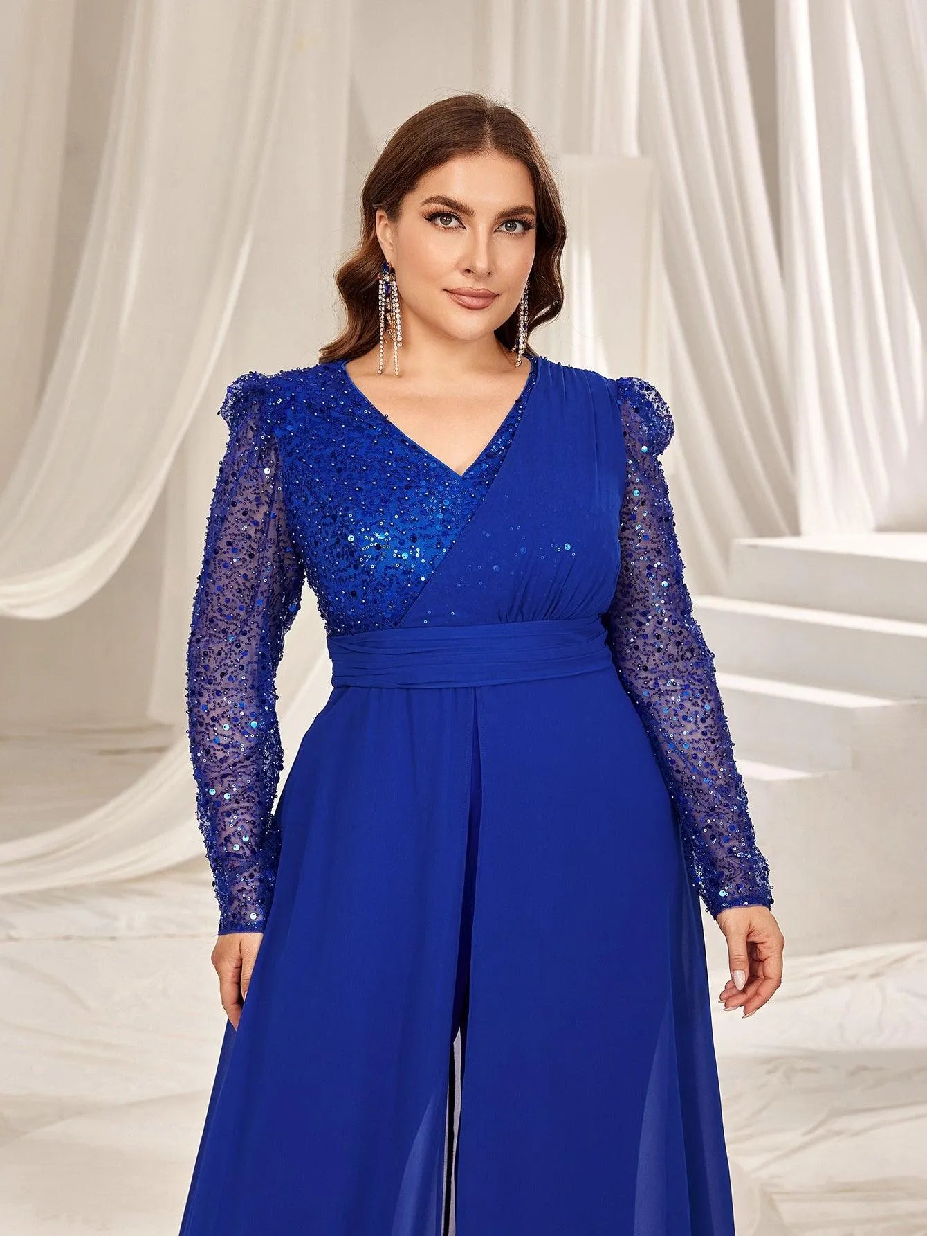 Plus Gigot Sleeves Chiffon Overlay Sequin Prom Jumpsuit - Elonnashop