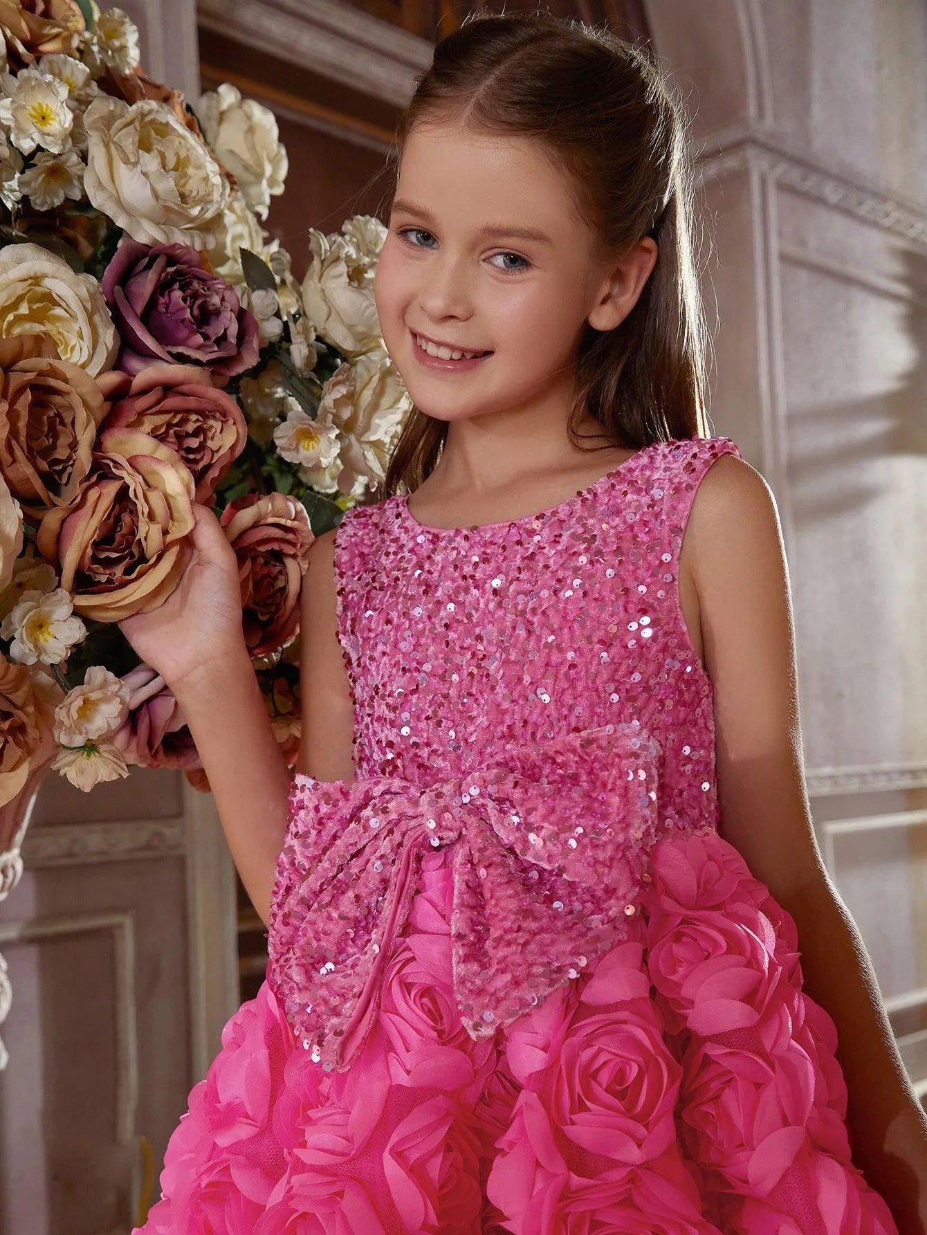 Tween Girls' Cute Applique Contrast Sequin Party Dress - Elonnashop