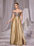 Off Shoulder Contrast Sequin Satin Prom Dress - Elonnashop