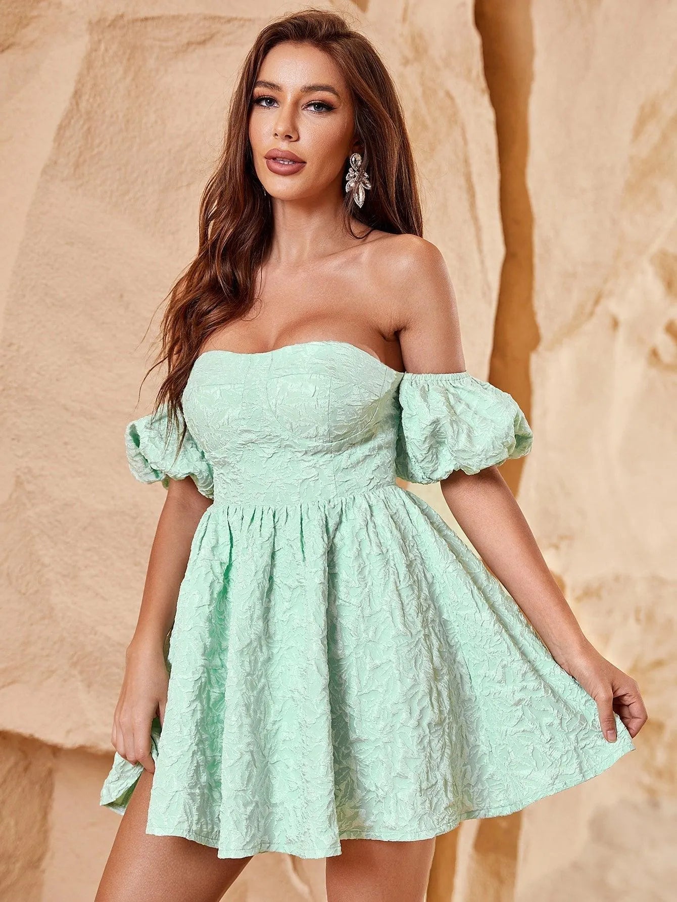 Off Shoulder Puff Sleeves Mini Graduation Dress - Elonnashop