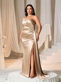 Plus Asymmetric Neckline Satin Mermaid Party Dress - Elonnashop