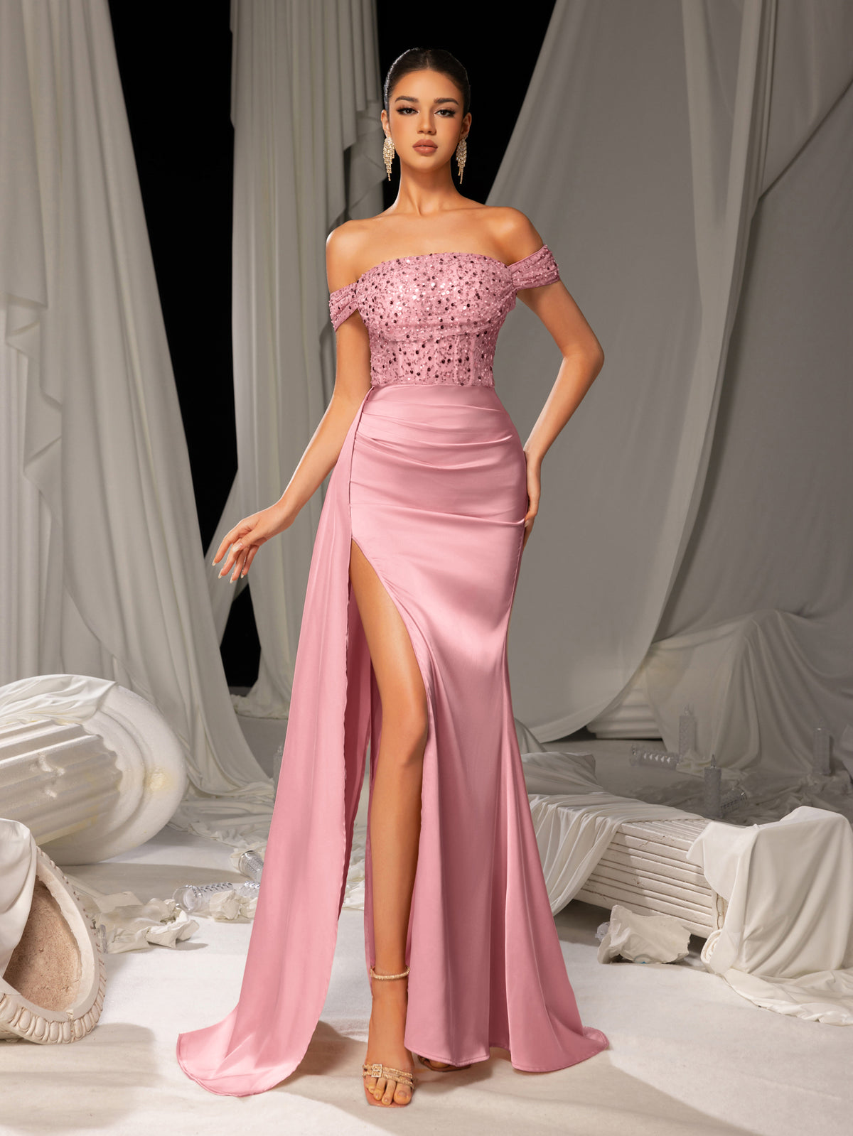 Elegant Off-Shoulder Gown with High Slit & Beaded Bodice – Luxury Satin Evening Wear for Red Carpet, Formal Galas & Luxury Weddings, XS-XL
