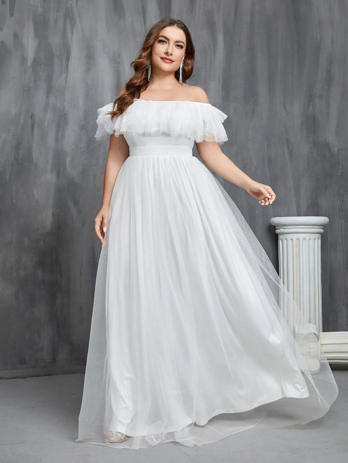 Plus Elegant Ruffle Trim Off Shoulder Tulle Wedding Dress