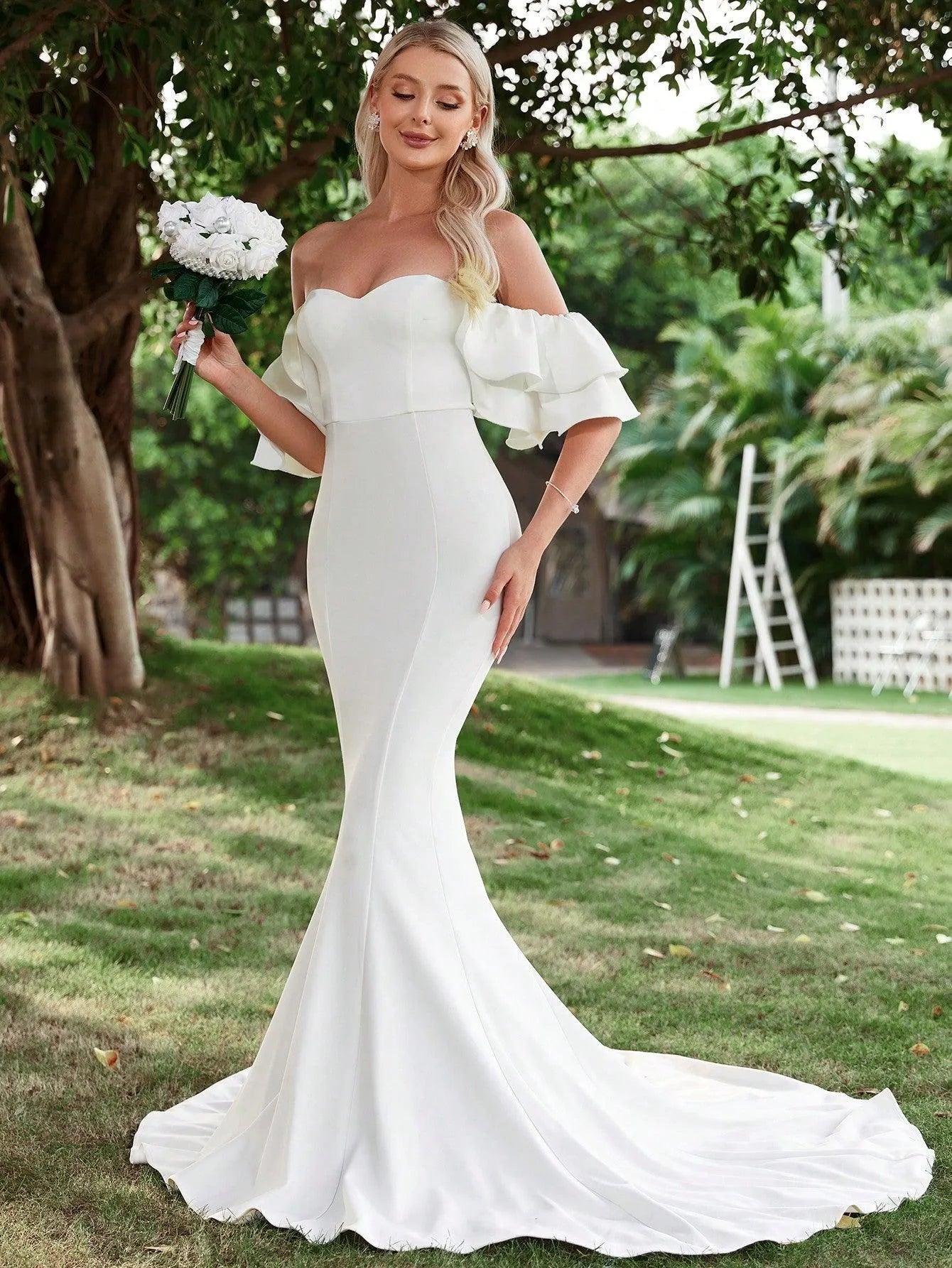 Off Shoulder Ruffle Trim Mermaid Wedding Dress - Elonnashop