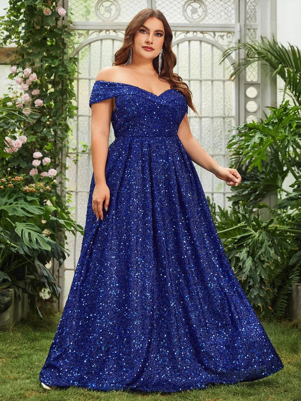 Plus Off Shoulder Sequin Prom DressCinthya - Elonnashop