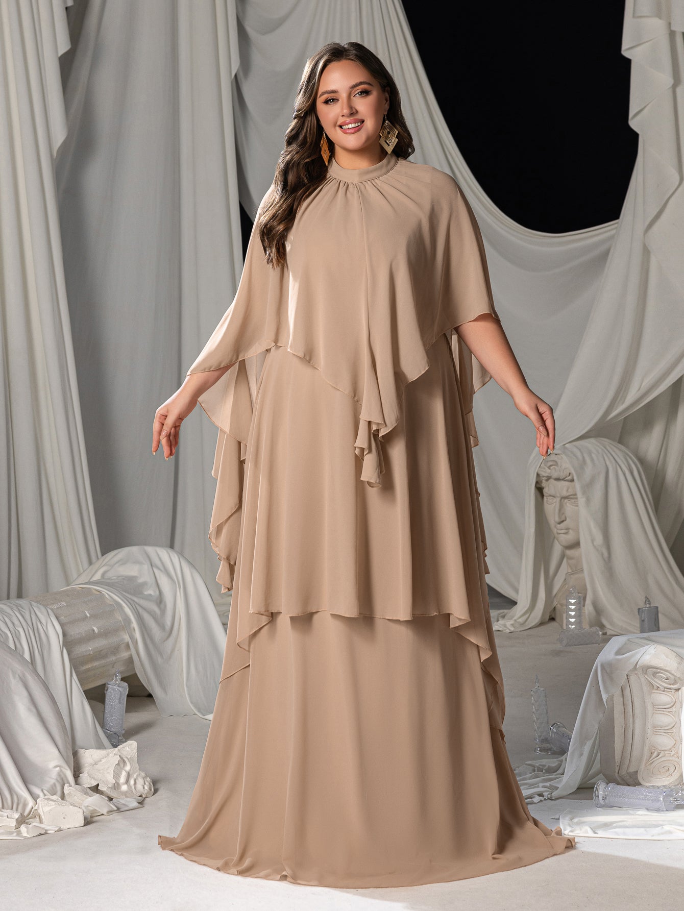 Plus Mock Neck Layered Hem Chiffon Evening Dress