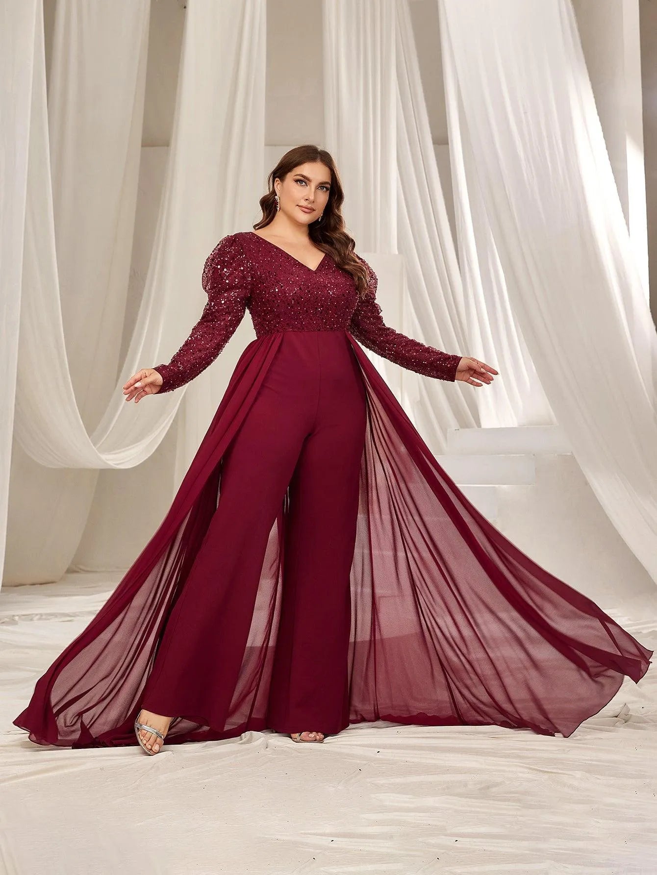 Plus V Neck Gigot Sleeves Sequin Prom Jumpsuit - Elonnashop