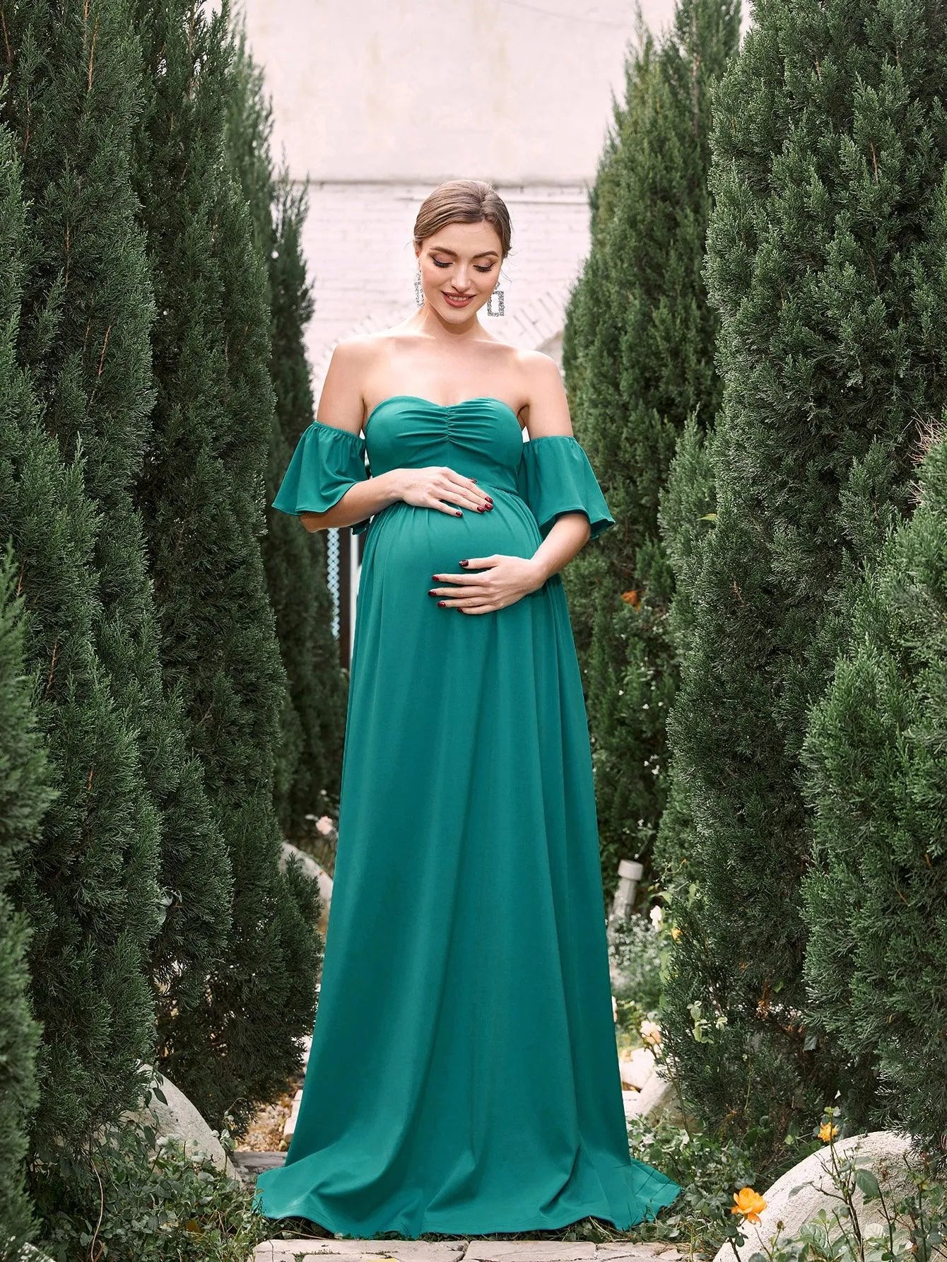 Maternity Off Shoulder Flared Sleeves Maxi Prom Dress - Elonnashop