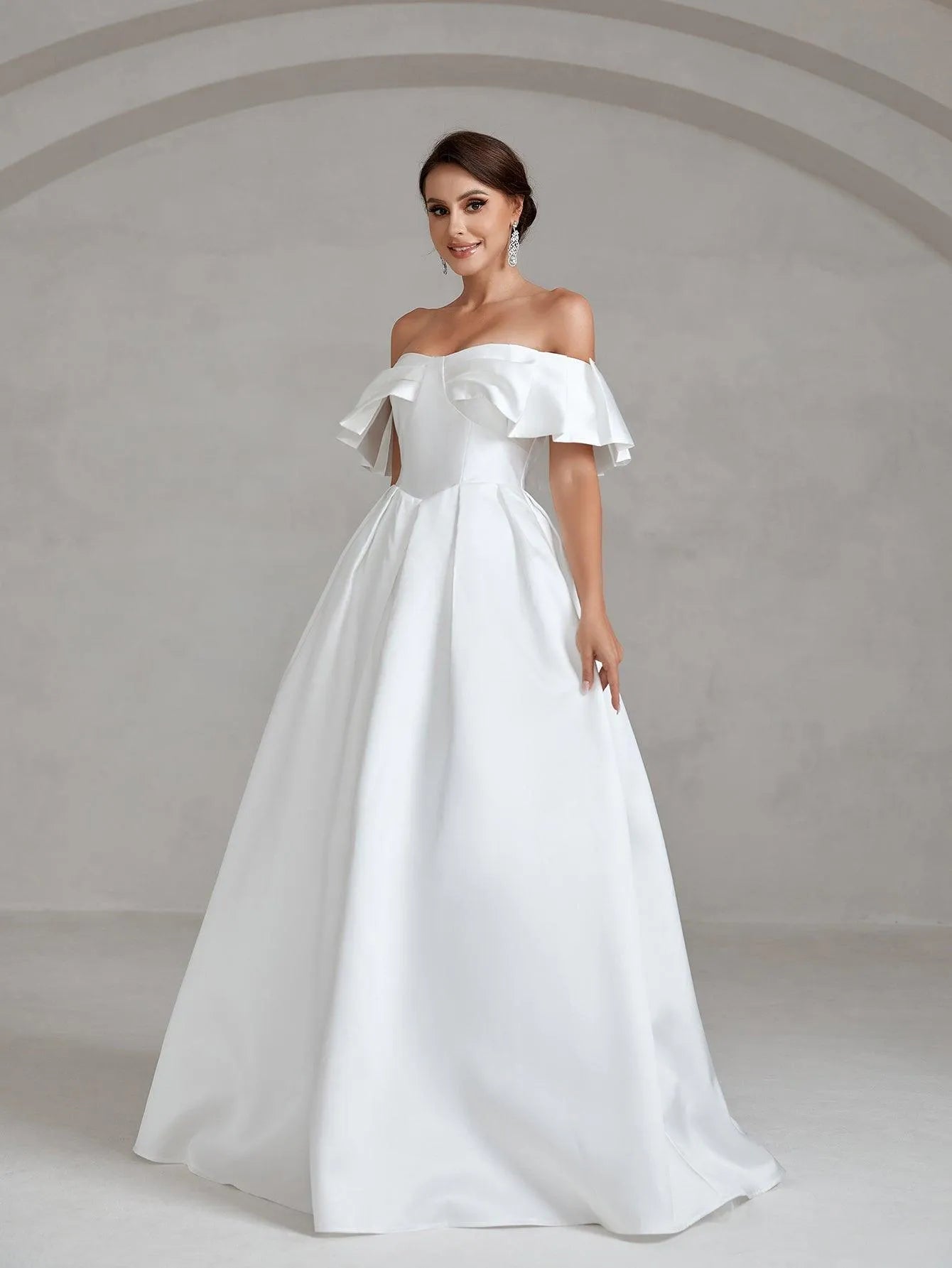 Ruffle Off Shoulder Pleated Hem Satin A Line Wedding Dress - Elonnashop