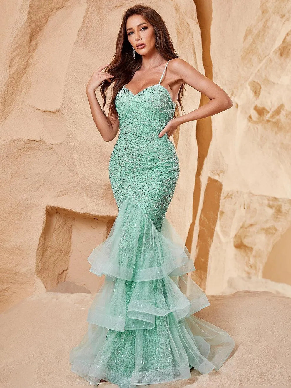 Spaghetti Strap Back Cut Out Sequin Mermaid Dress - Elonnashop