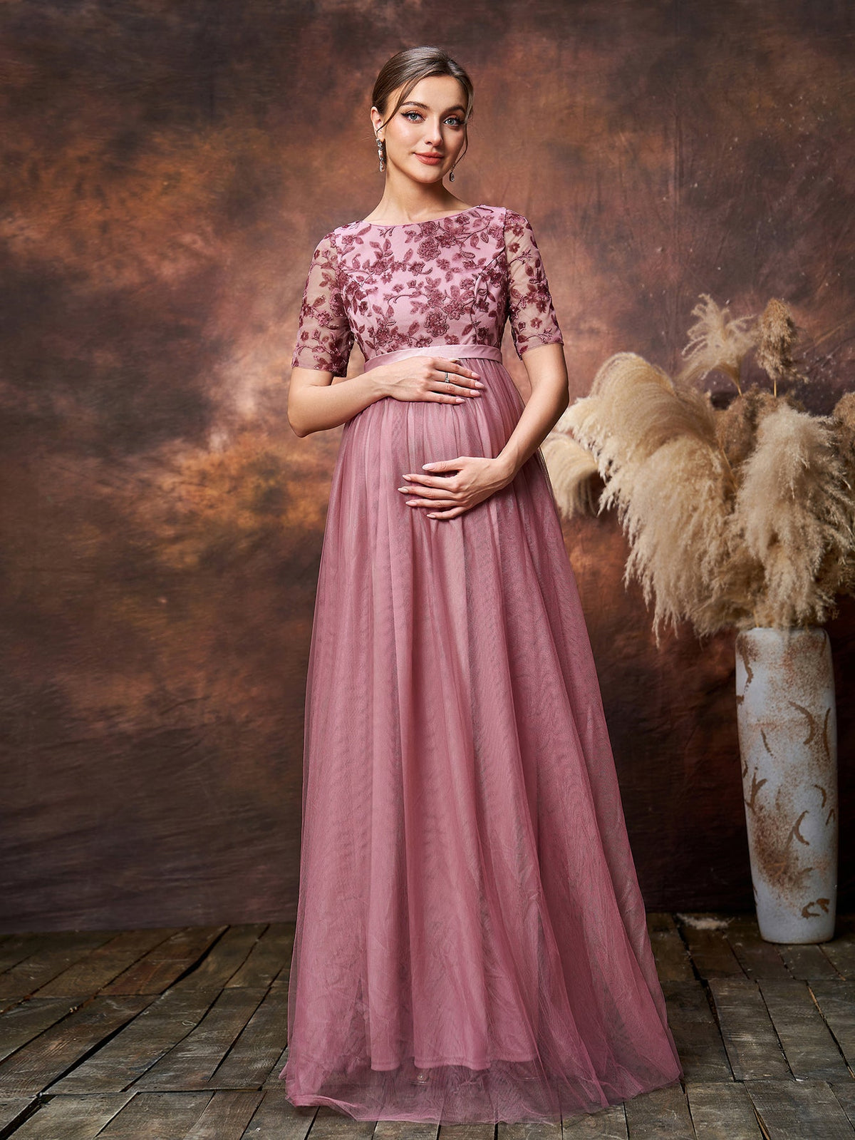 Maternity Floral Sequin Embroidered Bodice Formal Party Dress