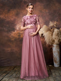 Maternity Floral Sequin Embroidered Bodice Formal Party Dress