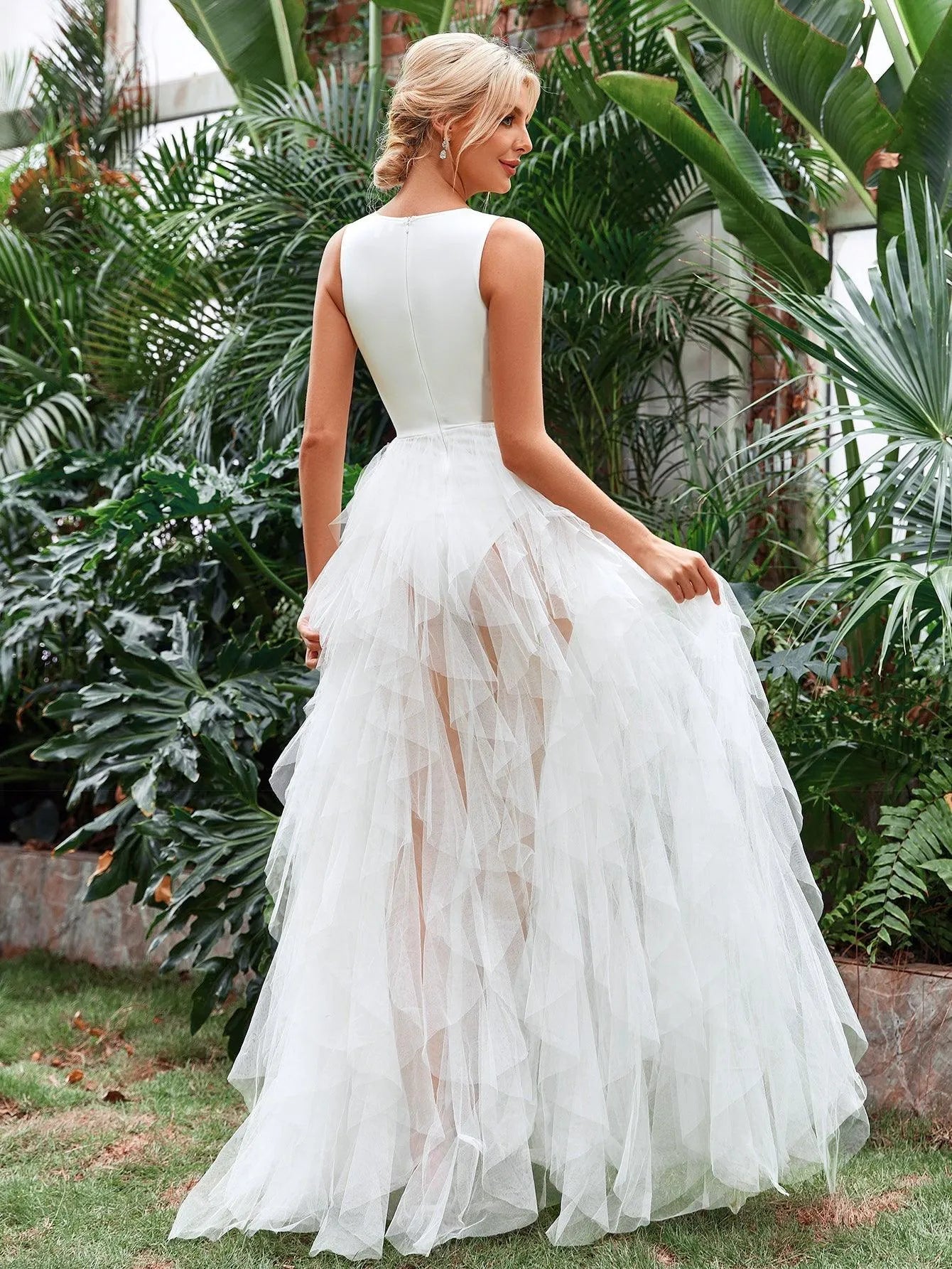 Cut Out Waist Layered Tulle A Line Wedding Dress - Elonnashop