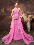 Maternity One Shoulder Layered Mesh Overlay Sequin Party Dress