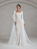 Elegant Square Neck Mermaid Lace Wedding Dress With Cape - Elonnashop