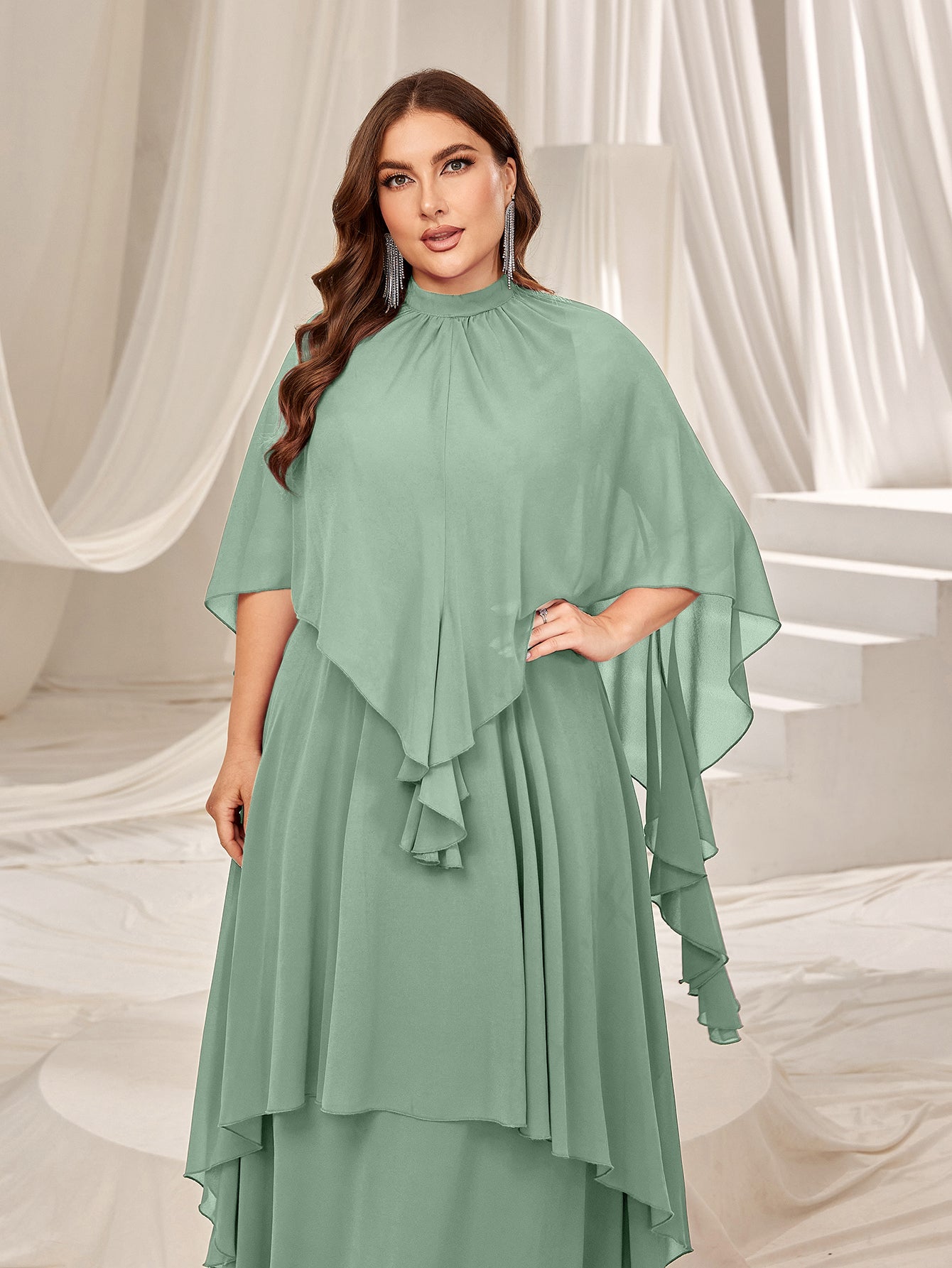 Plus Mock Neck Layered Hem Chiffon Evening Dress