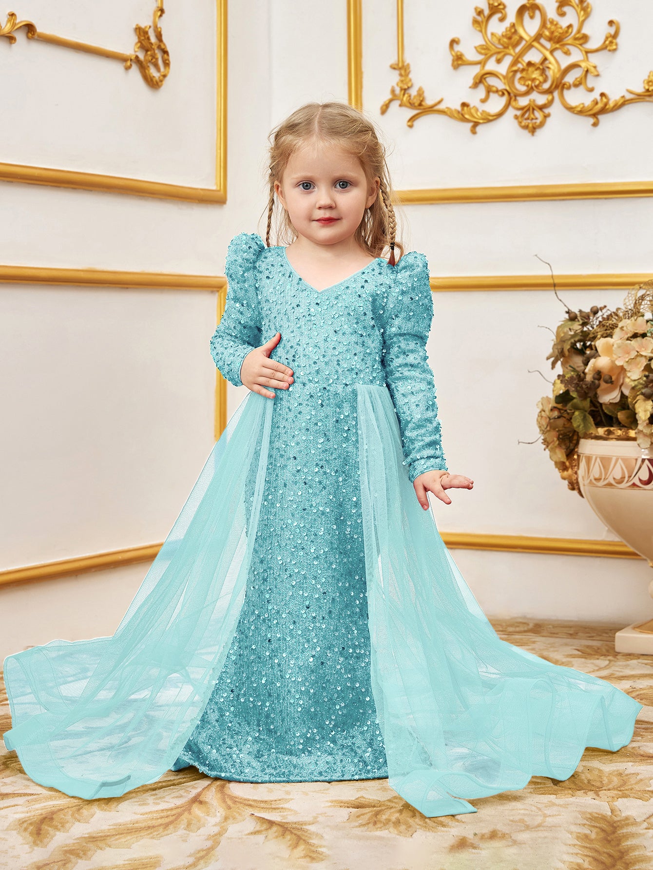 Young Girls' Long Sleeves Mesh Overlay Sequin Mermaid Dress