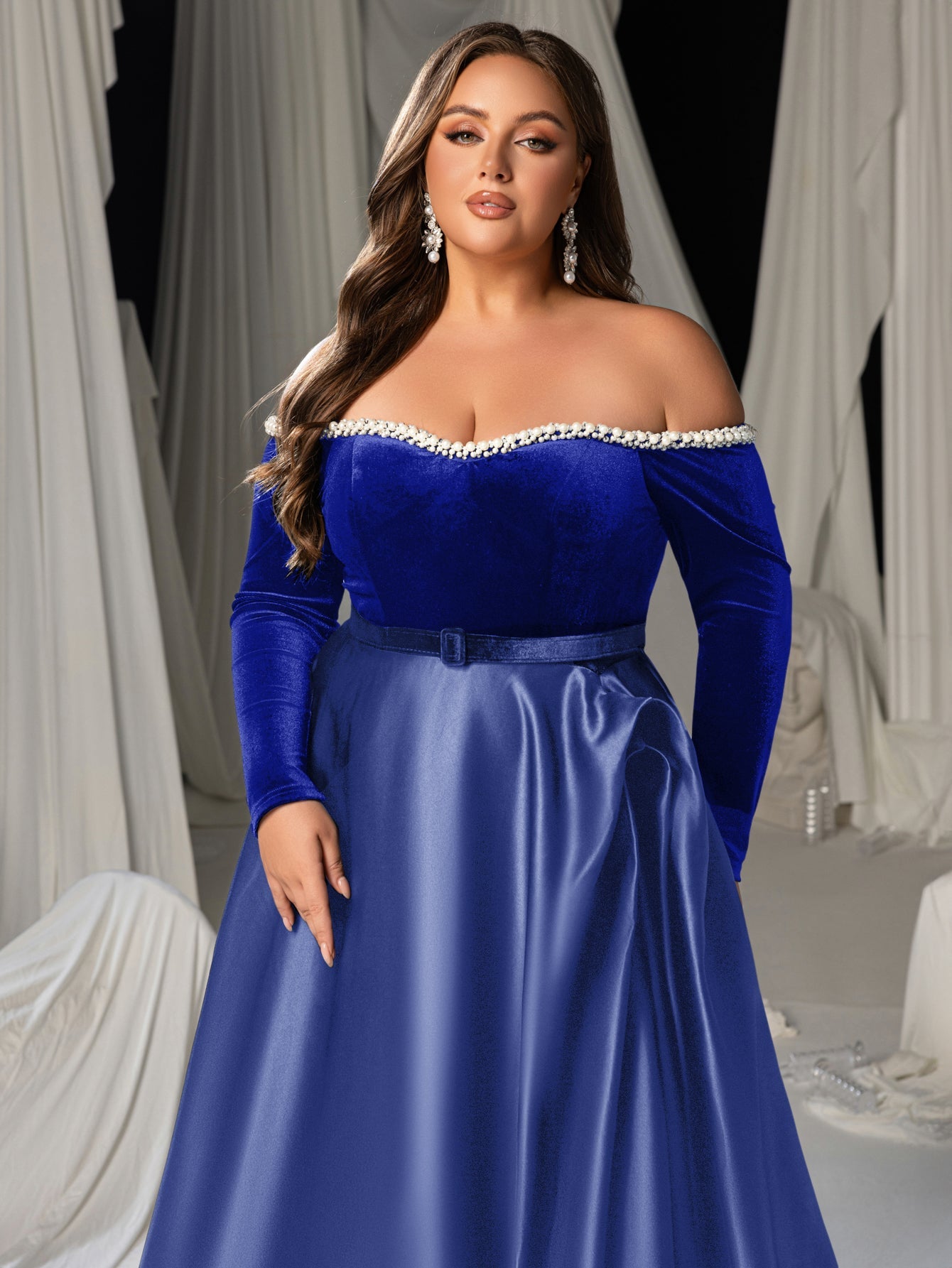 Plus Women's Pearl Accented Off-The-Shoulder Formal Gown | Long Sleeves | Defined Waist Belt | Full Flared Skirt