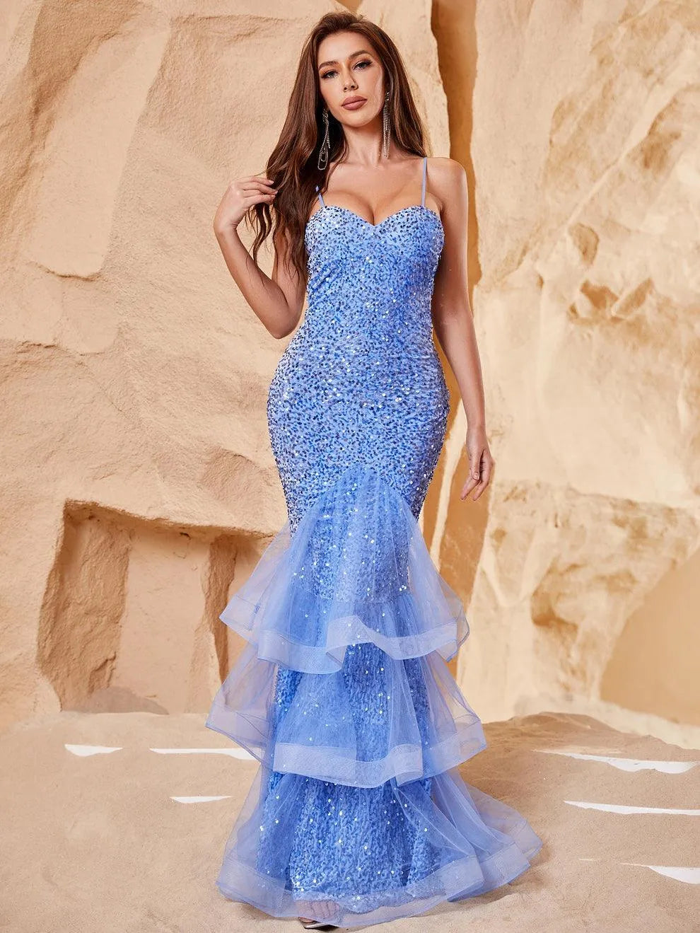 Spaghetti Strap Back Cut Out Sequin Mermaid Dress - Elonnashop