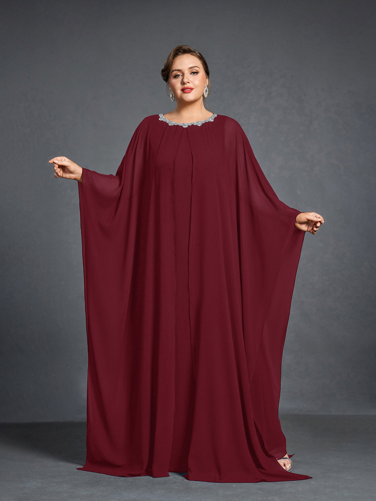 Plus Womens' Embellished Round -Neck Formal Dress with Sheer Chiffon Cape Sleeves