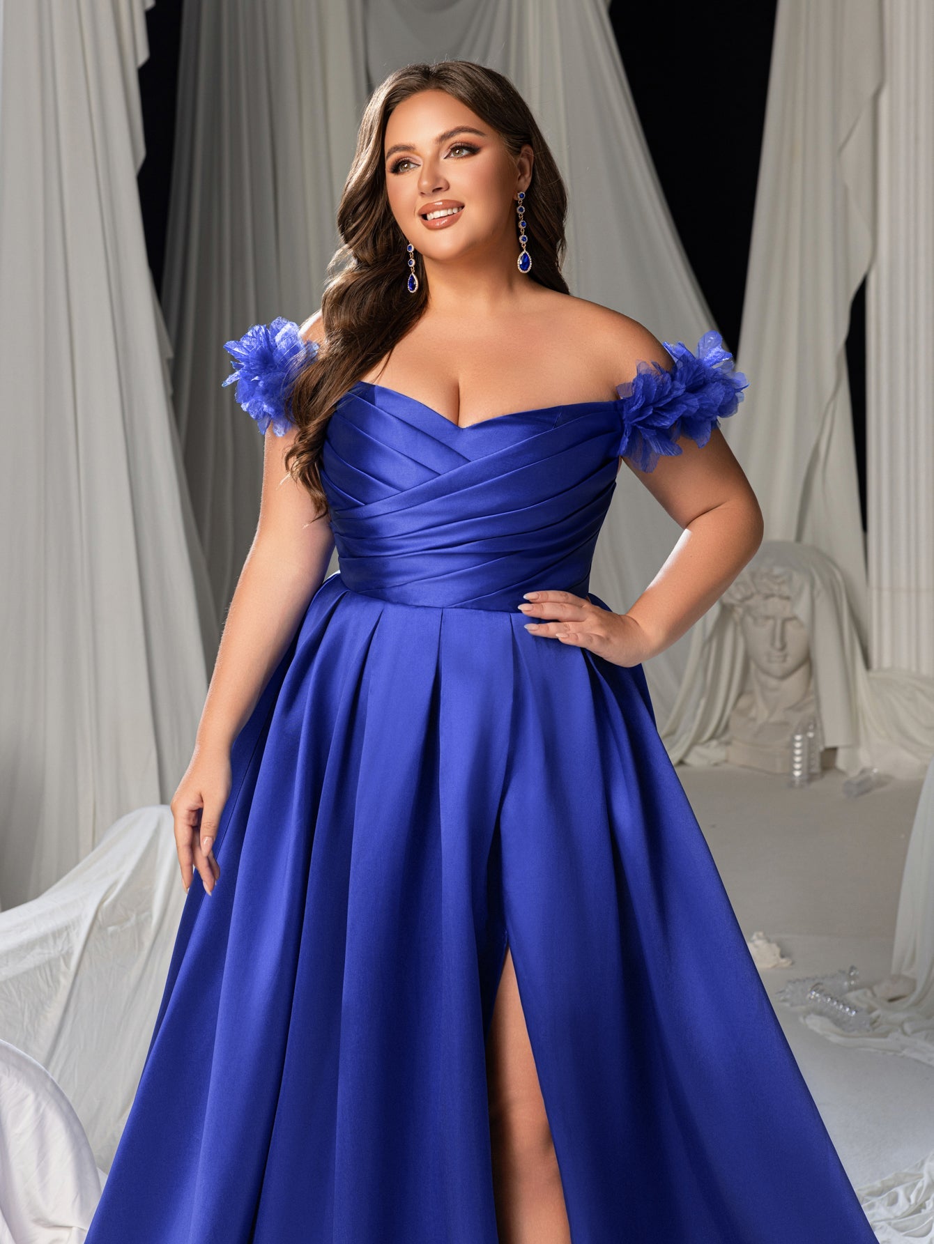 Plus Off-Shoulder Evening Gown with 3D Floral Appliqué | High Thigh Slit & Laced Back