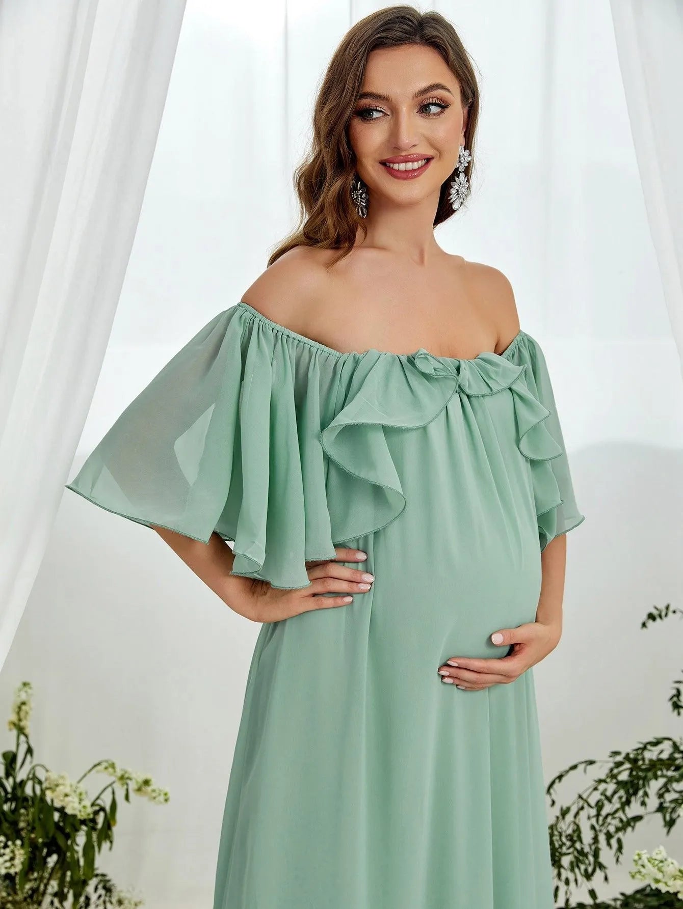 Maternity Off Shoulder Layered Ruffle Sleeves Chiffon Dress - Elonnashop